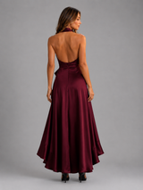 Vestido maxi satinado halter con volantes para mujer de noche