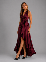 Vestido maxi satinado halter con volantes para mujer de noche