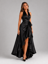 Vestido maxi satinado halter con volantes para mujer de noche
