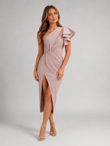 Vestido midi de un solo hombro con volantes para cóctel mujer