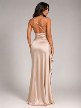 Robe maxi effet satin à une épaule avec fente haute pour femme soirée