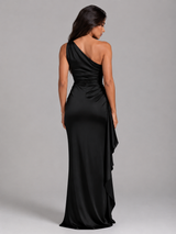 Robe maxi effet satin à une épaule avec fente haute pour femme soirée