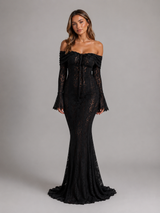 Vestido maxi con encaje y recortes off shoulder para invitada de boda