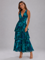 Robe maxi en mousseline à volants fleurie pour femme été