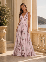 Vestido maxi floral con escote en V y cintura fruncida para mujer verano