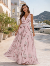 Vestido maxi floral con escote en V y cintura fruncida para mujer verano