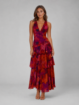 Robe longue à volants superposés col en V été femme