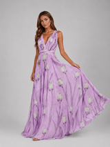 Vestido maxi floral con escote en V y cintura fruncida para mujer verano
