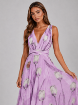 Vestido maxi floral con escote en V y cintura fruncida para mujer verano