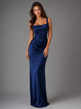 Satin Feel Ruched Waist Maxi Dress Evening Women