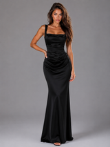 Satin Feel Ruched Waist Maxi Dress Evening Women