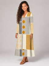 Women's Gold Geometric Cotton Midi Dress
