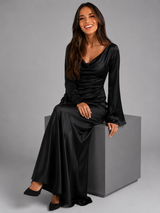 Satin Feel Long Sleeve Maxi Dress Wedding Guest