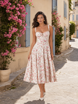 Vestido midi corsé con escote corazón floral para invitada de boda