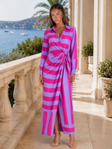Vestido camisa midi a rayas con nudo torcido para mujer en verano
