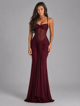 Vestido maxi halter de malla con fruncidos para mujer de noche
