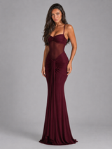 Vestido maxi halter de malla con fruncidos para mujer de noche