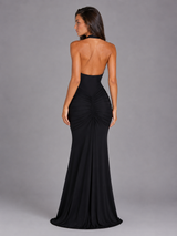 Vestido maxi halter de malla con fruncidos para mujer de noche