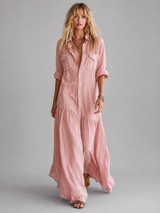 Women’s Cotton Linen Maxi Dress – Relaxed Button Front Summer Style