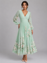 Women’s Floral Chiffon V-Neck Midi Dress – Flowing A-Line Fit