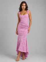 Women’s Floral Corset Maxi Dress with Asymmetrical Hem – Sculpted Elegant Silhouette