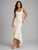 Women’s Floral Corset Maxi Dress with Asymmetrical Hem – Sculpted Elegant Silhouette
