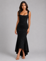 Women’s Floral Corset Maxi Dress with Asymmetrical Hem – Sculpted Elegant Silhouette