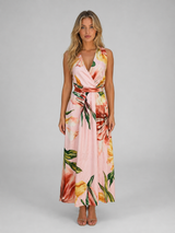 Women's pink floral satin V neck maxi dress
