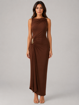 Women’s High Neck Ruched Maxi Dress – Gold Detail Gown