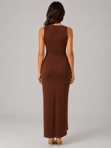 Women’s High Neck Ruched Maxi Dress – Gold Detail Gown
