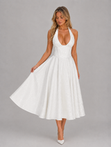 Full skirt jacquard midi dress for wedding guest