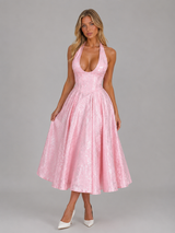 Textured jacquard halter neck occasion midi dress