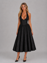 Jacquard Halter Full Skirt Midi Dress Wedding Guest