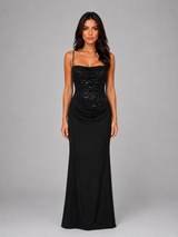 Women's black lace bodice ruched maxi evening dress