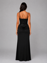 Lace bodice spaghetti strap ruched maxi gown front view