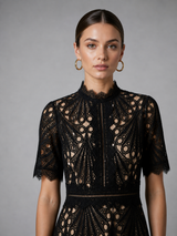 Women’s Lace Midi Dress – High Neck Elegant A-Line Silhouette