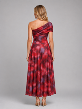One shoulder draped print maxi dress front view
