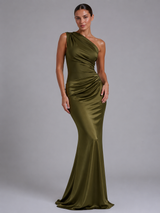 Women’s One-Shoulder Satin Feel Maxi Dress – Wedding Guest Gown