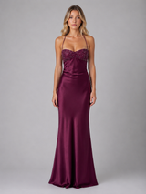 Women’s Pearl Beaded Satin Feel Maxi Dress – Evening Gown