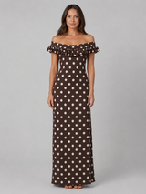 Women’s Polka Dot Maxi Dress – Off-Shoulder Ruffle Neckline