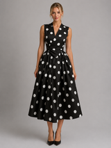 Women’s Polka Dot Midi Dress – Sleeveless V-Neck Summer Style
