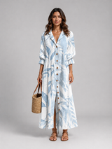 Women's blue leaf print button front shirt maxi dress