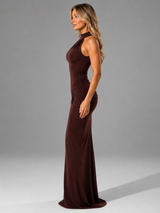 Women’s Ruched High Neck Maxi Dress with Side Split – Wedding Guest Gown