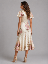 Women’s Satin Feel Floral Midi Dress – Ruched Waist Vintage Style