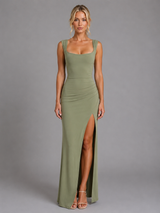 Women’s Square Neck Side Split Maxi Dress – Elegant Occasion Style