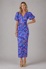 Women’s V-Neck Puff Sleeve Midi Dress – Summer Occasion Style