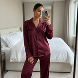 Pyjama en satin de soie femme manches longues boutonné vin