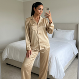 Pyjama en satin de soie femme manches longues boutonné champagne