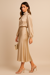 Women’s High Neck Satin Feel Midi Dress – Elegant Long Sleeve Fit