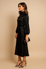 Women’s High Neck Satin Feel Midi Dress – Elegant Long Sleeve Fit